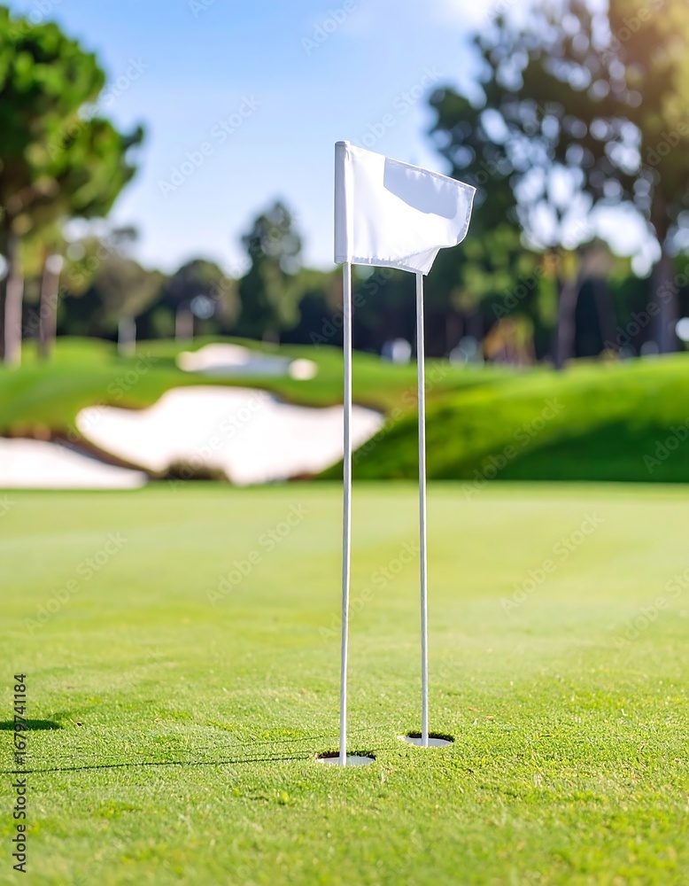 Obraz premium A golf course green with a white flag marking the hole, surrounded by lush grass and sand bunkers.