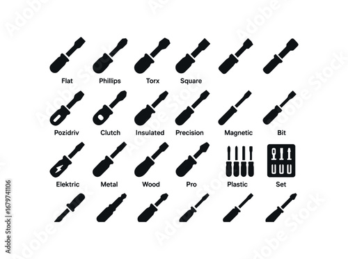 vector solid black filled icons Screwdriver (Types) screwdriver flat screwdriver phillips screwdriver torx screwdriver hex screwdriver square screwdriver tri screwdriver pozidriv.
