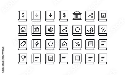 vector outline icons Ledger (Finance) ledger debit ledger credit ledger cash ledger bank ledger transfer ledger asset ledger liability ledger equity ledger revenue ledger profit ledger loss.