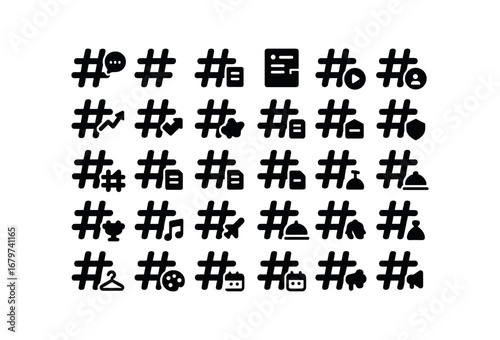 vector solid black filled icons (Uses) social feed story reel trend viral news campaign promo ad blog article product brand sport music travel food fashion art event politics in filled.