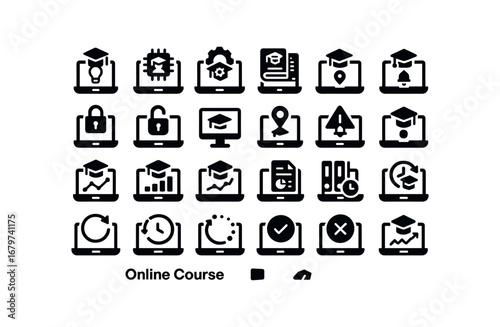 vector solid black filled icons Online Course (Advanced) onlinecourse smart onlinecourse ai onlinecourse auto onlinecourse manual onlinecourse synced onlinecourse unsynced onlinecourse.