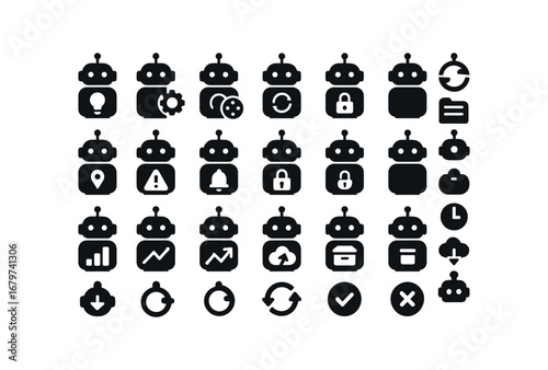 vector solid black filled icons Bot (Advanced) bot smart bot auto bot manual bot synced bot unsynced bot monitor bot track bot alert bot notify bot secure bot unsecure bot report bot stats.