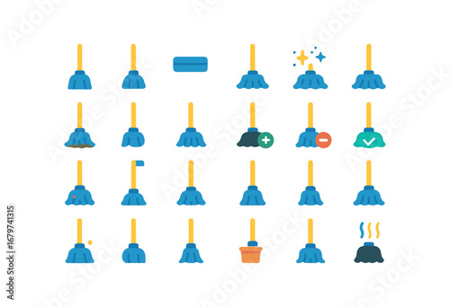 colorful flat vector icons Mop (Basic) mop icon mop stick mop pad mop wet mop dry mop clean mop dirty mop new mop old mop add mop remove mop valid mop invalid mop open mop closed mop small.