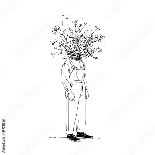 Headless person with flowers illustration, black and white floral art, botanical sketch drawing design