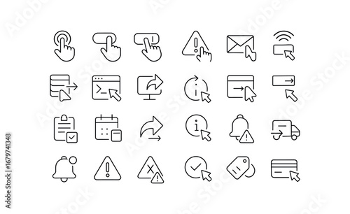 vector outline icons Push (Types) push button push switch push notification push alert push message push signal push data push command push update push sync push request push response push.