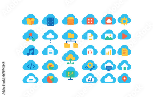 colorful flat vector icons Cloud (Services) cloud storage cloud hosting cloud server cloud database cloud app cloud system cloud network cloud drive cloud folder cloud file cloud image.