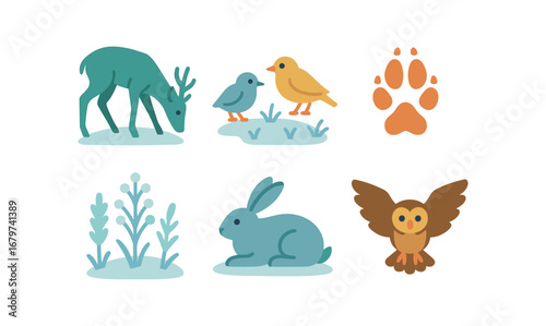 vector colorful flat filled icons frosted meadow (wildlife): grazing deer small birds fox tracks frost covered plants resting hare hovering owl.