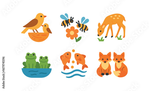 vector colorful flat filled icons renewal season (wildlife): nesting birds bees pollinating fawns grazing frogs near pond fish spawning fox kits.