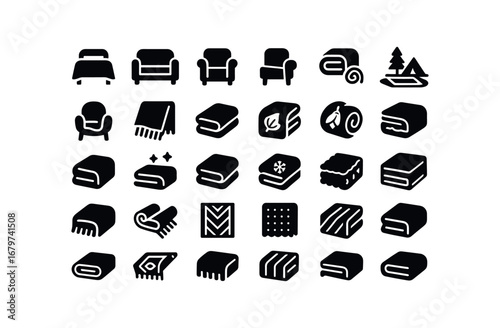 vector solid black filled icons Blanket (Types) blanket bed blanket sofa blanket chair blanket travel blanket car blanket picnic blanket outdoor blanket indoor blanket cotton blanket silk.