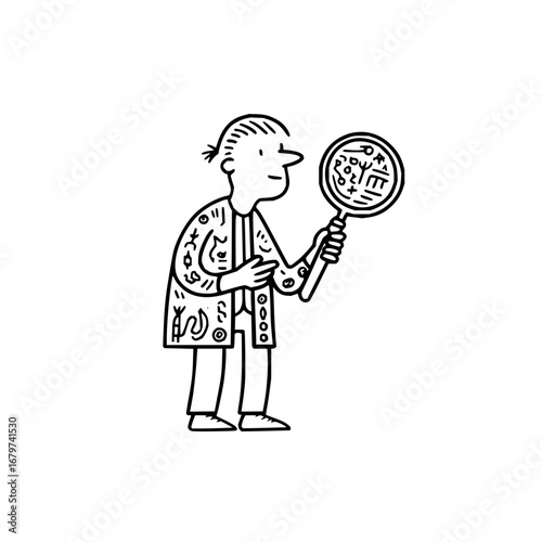 Scientist character with magnifying glass vector illustration and line art style drawing for science research 100