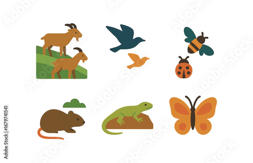 vector colorful flat filled icons terraced slope (wildlife): goats grazing birds flying insects buzzing small mammals reptiles sunning butterflies.