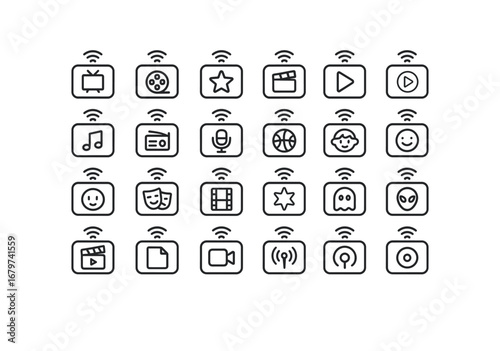 vector outline icons Streaming Box (Content) streambox tv streambox movie streambox show streambox series streambox episode streambox channel streambox video streambox music streambox radio.