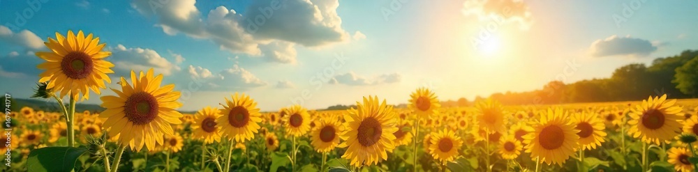Fototapeta premium A vibrant sun shines on a field of blooming sunflowers, conveying joy and optimism The scene is peaceful and evokes a sense of carefree happiness , natural beauty, yellow