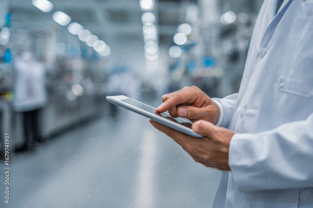 Naklejka premium Professional wearing white lab coat using digital tablet device to monitor and manage industrial production processes in a modern manufacturing facility environment