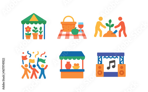 vector colorful flat filled icons renewal season (festive): garden fair outdoor picnic community planting colorful parade craft stalls music stage.