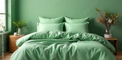  Lush, organic cotton bedding in calming shades of green, perfect for a tranquil bedroom Relaxing textures and natural tones create a serene atmosphere , vibrant, kelly