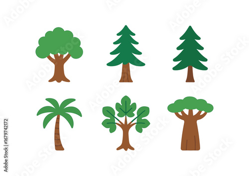 vector colorful flat filled icons tree climbing sport (trees): tall oak redwood pine tropical palm fig tree baobab.