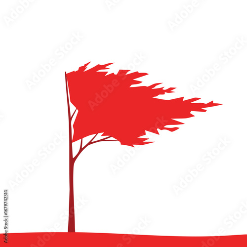 Red Flag Waving in Strong Wind on White Background.