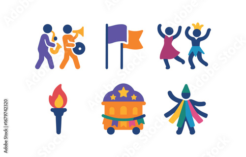vector colorful flat filled icons twilight procession (festival): musicians dancers flags decorated floats glowing torches colorful costumes.