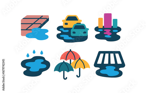 vector colorful flat filled icons puddle jumping (urban): sidewalk puddle passing cars neon lights reflection wet asphalt umbrella crowd crosswalk.