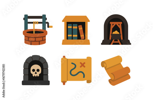 vector colorful flat filled icons time of depth (historic): ancient well old library deep mine shaft stone catacomb maritime map scrolls.