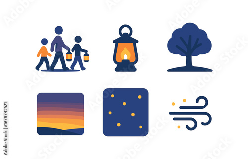 vector colorful flat filled icons twilight procession (nature): people walking at dusk lanterns glowing tree shadows soft horizon fireflies calm air.