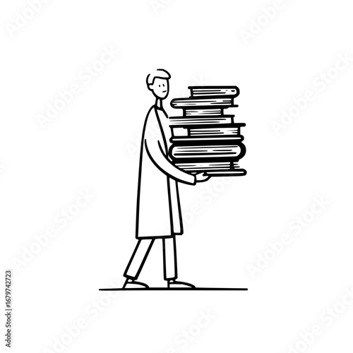 Man carrying stack of books vector illustration for education and library resources design element, line art style