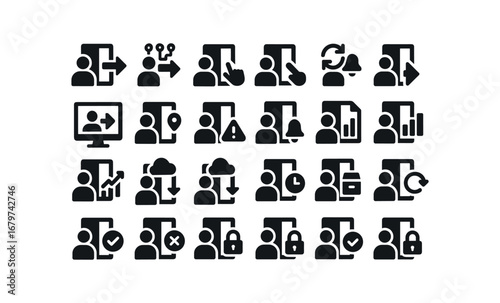 vector solid black filled icons Login (Advanced) login smart login ai login auto login manual login synced login unsynced login monitor login track login alert login notify login report.