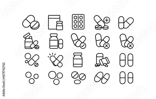 vector outline icons Pills (Basic) pills icon pills box pills pack pills bottle pills jar pills open pills closed pills add pills remove pills new pills old pills valid pills invalid pills.