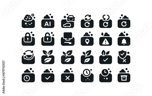 vector solid black filled icons Soap (Advanced) soap smart soap ai soap auto soap manual soap synced soap unsynced soap secure soap unsecure soap monitor soap track soap alert soap notify.