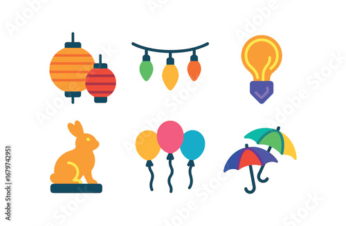 vector colorful flat filled icons evening lights festival (decorations): paper lanterns light strings neon signs glowing sculptures illuminated balloons colored umbrellas.