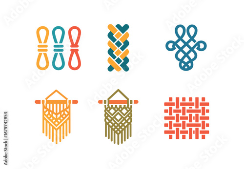 vector colorful flat filled icons rope maker (creative): colored ropes patterned braids decorative knots macrame designs wall hangings woven mats.