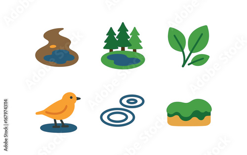 vector colorful flat filled icons puddle jumping (nature): muddy path forest puddle green leaves bird nearby water rings mossy bank.