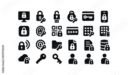 vector solid black filled icons Secure Key (Types) securekey digital securekey physical securekey usb securekey token securekey card securekey mobile securekey app securekey biometric.