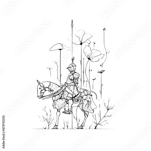 Medieval knight illustration with horse and flowers drawing vector art design black and white line art