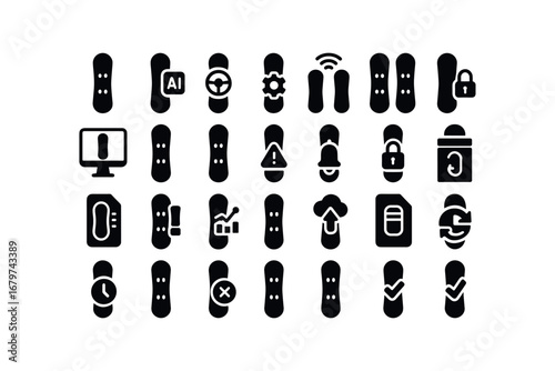 vector solid black filled icons Snowboard (Advanced) snowboard smart snowboard ai snowboard auto snowboard manual snowboard synced snowboard unsynced snowboard monitor snowboard track.