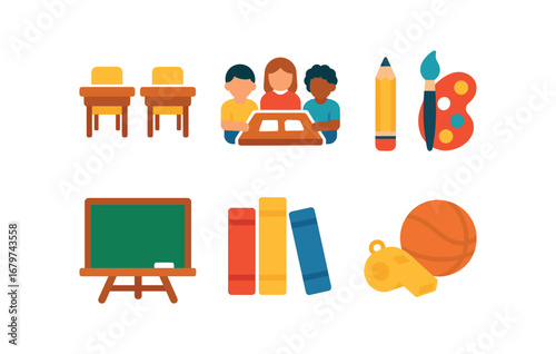 vector colorful flat filled icons preteen years (school): classroom desks group projects art supplies chalkboard library books sports day.