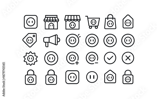 vector outline icons Outlet (Basic) outlet icon outlet shop outlet store outlet cart outlet bag outlet sale outlet deal outlet promo outlet active outlet inactive outlet open outlet closed.