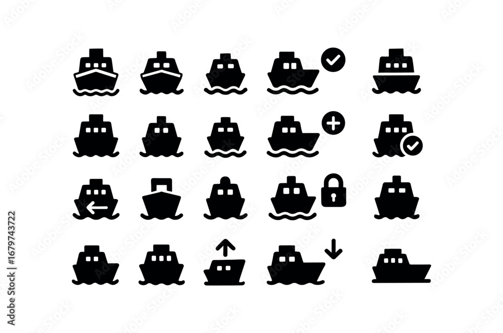 Obraz premium vector solid black filled icons Ferry (Basic) ferry icon ferry new ferry old ferry valid ferry invalid ferry active ferry inactive ferry add ferry remove ferry confirm ferry cancel ferry.