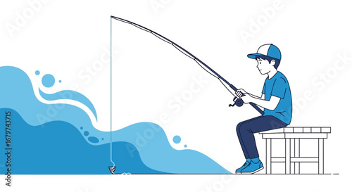 Boy Fishing With A Rod Sitting Near Water While Waiting For Fish To Bite The Bait