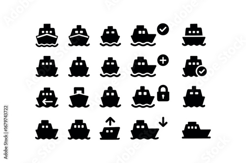 vector solid black filled icons Ferry (Basic) ferry icon ferry new ferry old ferry valid ferry invalid ferry active ferry inactive ferry add ferry remove ferry confirm ferry cancel ferry.