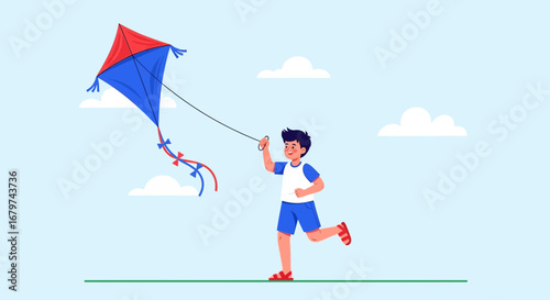 Boy Flying Colorful Kite In The Sky During A Wonderful Sunny Day
