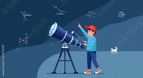 Astronomical Observation: A Child Gaze At The Stars Through A Professional Telescope