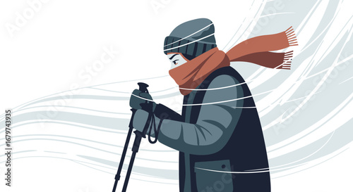 Athlete Braving Harsh Winter Elements With Ski Poles While Weathering A Storm