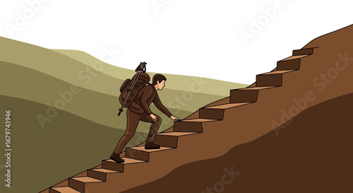 Athlete Ascends Stairway With Backpack and Hiking Equipment Towards A Green Landscape