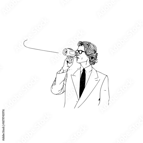 Man with camera illustration drawing of filmmaker with vintage camera and suit in black and white line art