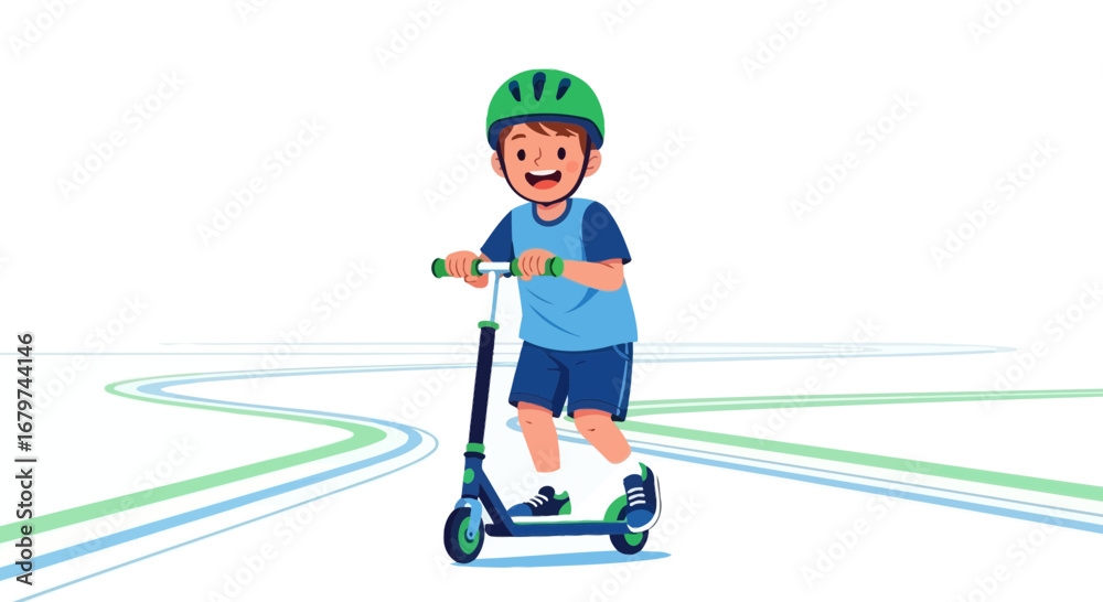 Obraz premium Boy on a scooter wearing a helmet rides on the road vector illustration