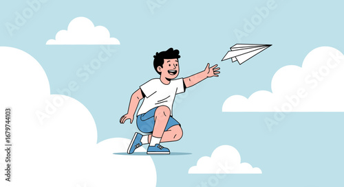 Boy launching a paper airplane illustration in a sky with clouds and a light blue background