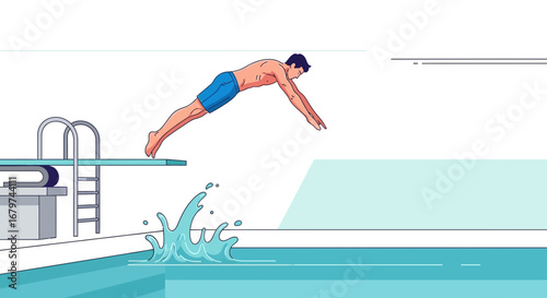 Athlete Diving Gracefully Into Pool Producing Splashes After Leap From The Board