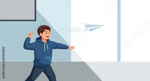 Boy Launching Paper Airplane, Symbolizing Freedom, Imagination, Dreams, and Hope